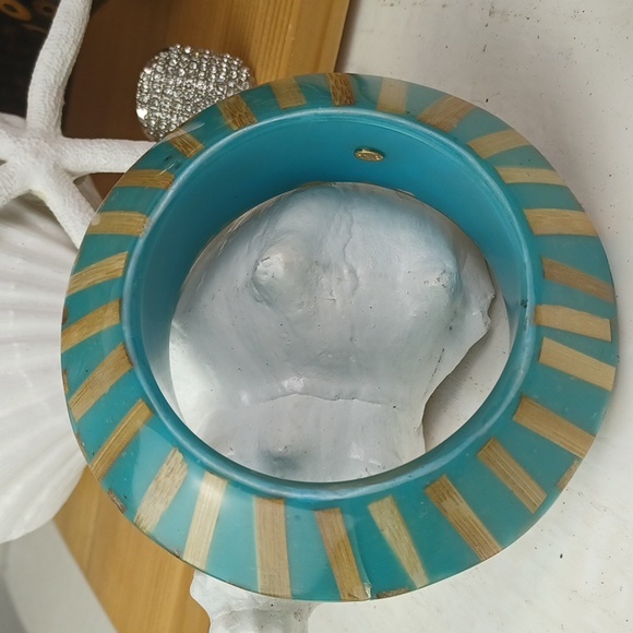 KJL VTG Turquoise Tone Bamboo Lucite Bicone Knife Edge Bangle Bracelet - Picture 10 of 15